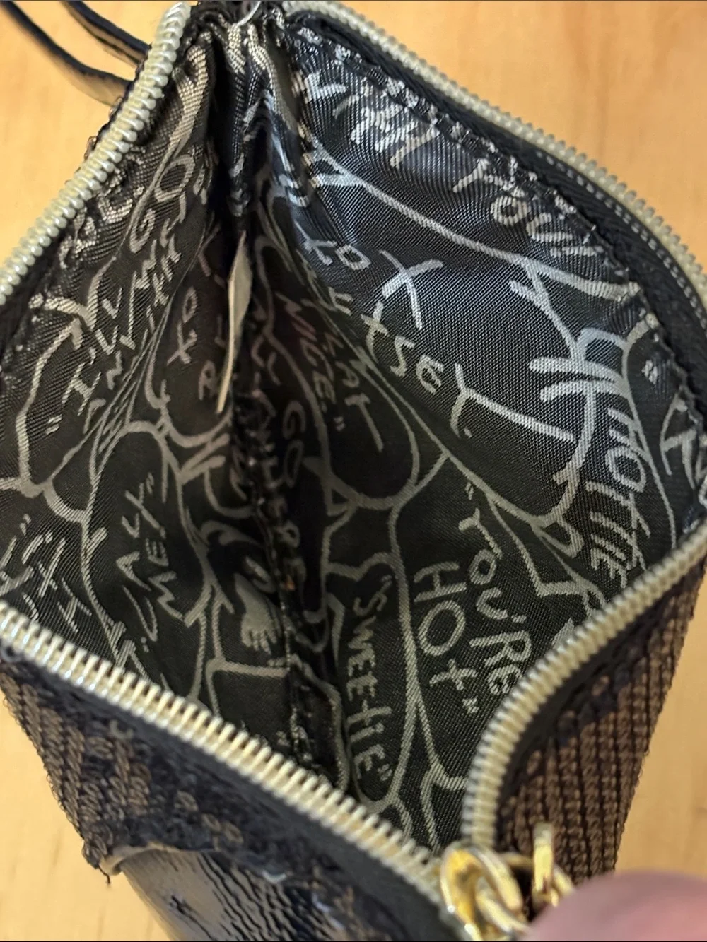 Betsey Johnson Black Sequin Wristlet with Pink Embroidered Logo - Picture 8 of 11